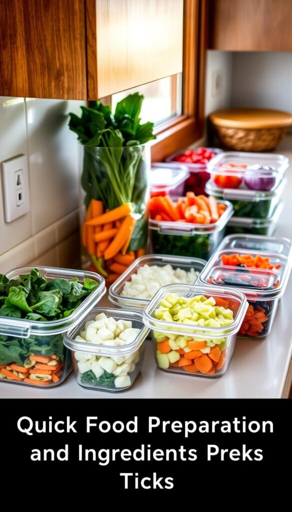 A neatly organized kitchen counter with various prepped vegetables stored in clear, airtight containers. A selection of fresh leafy greens, chopped bell peppers, diced onions, and sliced carrots are meticulously arranged, ready for easy access and quick meal preparation. Warm, natural lighting from a nearby window casts a soft glow, highlighting the vibrant colors and textures of the ingredients. The scene conveys a sense of efficiency and preparedness, perfectly reflecting the "Quick Food Preparation and Ingredient Prep Tricks" section of the article.