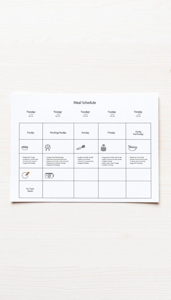 A neatly organized weekly meal schedule, presented on a light wood-grain background. The schedule features a clean, minimalist design with distinct sections for each day of the week, showcasing healthy, home-cooked meal ideas. The layout is arranged in a grid pattern, with carefully crafted icons and typography conveying a sense of structure and efficiency. Soft, natural lighting highlights the simplicity and practicality of the schedule, creating a calm and inviting atmosphere. The overall composition exudes a sense of balance and organization, perfectly capturing the essence of a stress-free cooking routine.