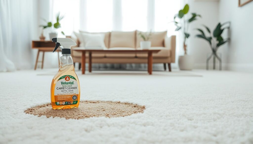 A pristine white carpeted room illuminated by soft, diffused natural light from a large window. In the foreground, a stained section of the carpet, the discoloration stark against the plush fibers. A bottle of specialized carpet cleaner sits nearby, its label prominently displayed. The background features tasteful wooden furniture and artfully arranged houseplants, conveying a sense of tranquility and rejuvenation. The overall mood is one of calm and thoughtful restoration, as if preparing the space for a new season of life.