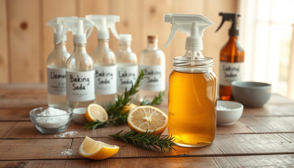 A simple, rustic wooden table, the surface adorned with an array of natural cleaning ingredients. In the foreground, a glass jar filled with a clear, amber-tinted liquid, accompanied by lemon slices, a bundle of fresh rosemary, and a small bowl of baking soda. The middle ground showcases a collection of simple, minimalist glass spray bottles, their labels handwritten with natural cleaning solution recipes. In the background, a soft, natural light filters in, casting a warm, inviting glow over the scene, emphasizing the simplicity and efficacy of these homemade, eco-friendly cleaning solutions.