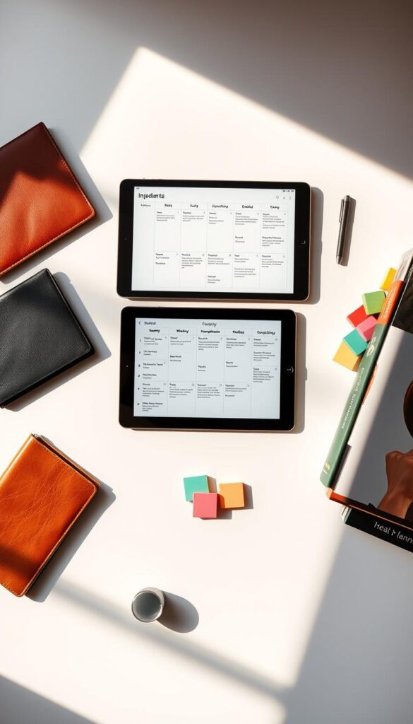 A sleek, minimalist meal planning system laid out on a crisp white desktop. Centered is a modern digital tablet displaying a neatly organized weekly meal calendar, with ingredients and recipe details. Surrounding it are various analog planning tools - a leather-bound notebook, a set of colorful sticky notes, and a carefully curated collection of cookbooks. Warm, directional lighting illuminates the scene, casting subtle shadows and highlighting the textures of the materials. The overall composition conveys a sense of order, efficiency, and a thoughtful approach to managing family meals.