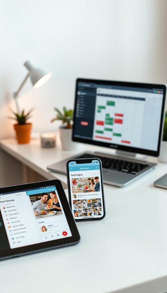 A sleek, modern digital meal planning workspace with a range of intuitive tools. In the foreground, a tablet or smartphone displays a meal planning app with clean, user-friendly menus and visuals. Behind it, a laptop or desktop computer shows a meal calendar and recipe database. In the background, a minimalist desk setup with a potted plant, task lighting, and a stylized kitchen appliance or utensil. The overall scene conveys a sense of organization, efficiency, and family-focused functionality, captured in a bright, airy lighting with a slightly warm, inviting color palette.