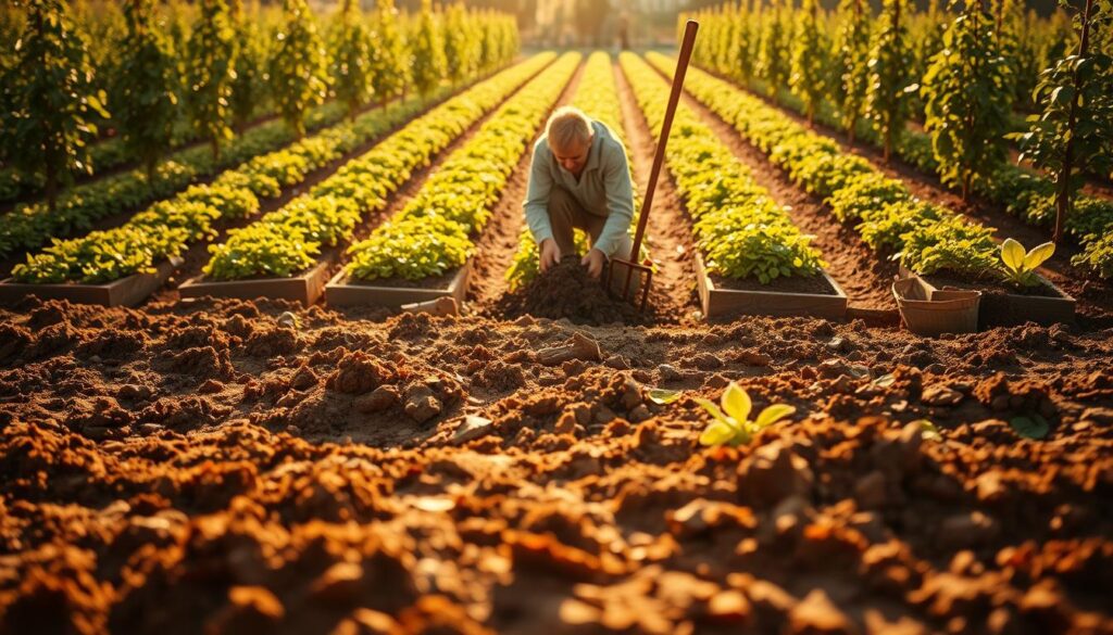 A sprawling garden bed in the foreground, tilled soil glistening with moisture under warm, golden sunlight. In the middle ground, a gardener kneels, carefully working an organic compost into the earth with a sturdy garden fork. The background features neat rows of autumn-ready crops, their leaves rustling gently in a soft breeze. Lush greenery and the rich, earthy scent of freshly turned soil create a serene, inviting atmosphere, hinting at the bountiful harvest to come.