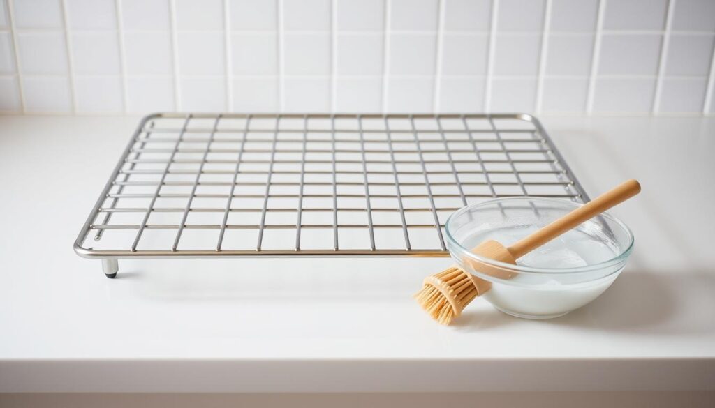 A stainless steel oven rack rests on a pristine white countertop, its metallic surface gleaming under the soft, diffuse lighting of a bright, airy kitchen. Beside it, a bowl of warm, soapy water and a scrubbing brush wait patiently, ready to tackle the built-up grime and baked-on food residue. The scene exudes a sense of order and cleanliness, hinting at the satisfying transformation to come as this practical, yet often overlooked, kitchen appliance accessory is meticulously refreshed and restored to its former luster.