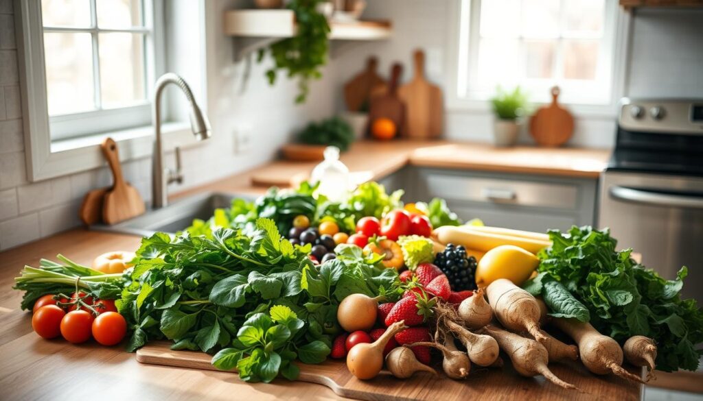 A sun-drenched kitchen counter, adorned with a vibrant array of fresh produce. Crisp greens, juicy berries, and earthy roots spill across the surface, beckoning a busy mom to craft a nourishing meal. Soft natural lighting filters in, casting a warm glow on the scene. Wooden cutting boards and stainless steel appliances provide a clean, modern backdrop, complementing the organic bounty. The atmosphere exudes a sense of simplicity and wholesome goodness, inviting the viewer to imagine the delicious and healthful dishes that could be prepared from these whole food ingredients. A tranquil, approachable scene that captures the essence of "Incorporate Whole Foods into Your Daily Meals".