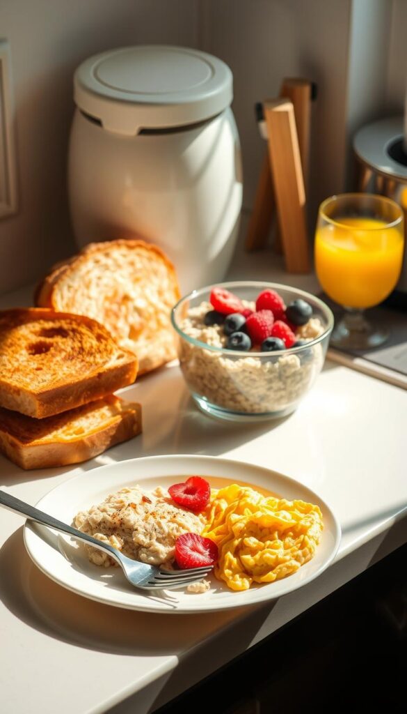 A sun-drenched kitchen countertop showcases an array of budget-friendly breakfast items: golden-brown toast, a bowl of oatmeal topped with fresh berries, a glass of orange juice, and a plate of scrambled eggs. The scene is bathed in warm, natural lighting, capturing the comforting and nourishing essence of a wholesome, cost-effective morning meal. The composition is balanced, with the food items arranged in an appetizing and visually appealing manner. The overall mood is one of simplicity, practicality, and the satisfaction of a delicious, economical start to the day.