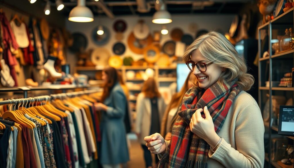 A thrift store interior with racks of vintage clothing, accessories, and home decor items. Warm, diffused lighting illuminates the scene, creating a cozy, welcoming atmosphere. In the foreground, a stylish mother examines a colorful scarf, her expression one of delight as she envisions ways to incorporate it into her fall wardrobe. In the middle ground, other shoppers browse through the eclectic selection, their outfits showcasing a mix of high-street and secondhand finds. The background features shelves and display cases filled with an array of unique, budget-friendly treasures, hinting at the endless possibilities for creating a fashionable, personalized look. The overall scene conveys the joy and satisfaction of thrift shopping, capturing the essence of looking and feeling like a million-dollar mom on a budget.