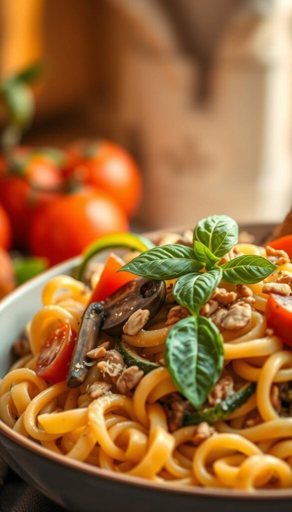A vibrant, appetizing vegan pasta dish with fresh, colorful ingredients. In the foreground, a large bowl of al dente fusilli pasta, tossed in a creamy, cashew-based sauce. Vibrant vegetables like sun-ripened tomatoes, tender zucchini ribbons, and earthy mushrooms are artfully arranged around the pasta. Garnished with fragrant, fragrant basil leaves and a sprinkle of toasted pine nuts. Warm, diffused lighting casts a cozy, inviting glow, creating an elegant, mouthwatering scene. The composition is balanced and visually appealing, capturing the essence of a nourishing, plant-based meal.