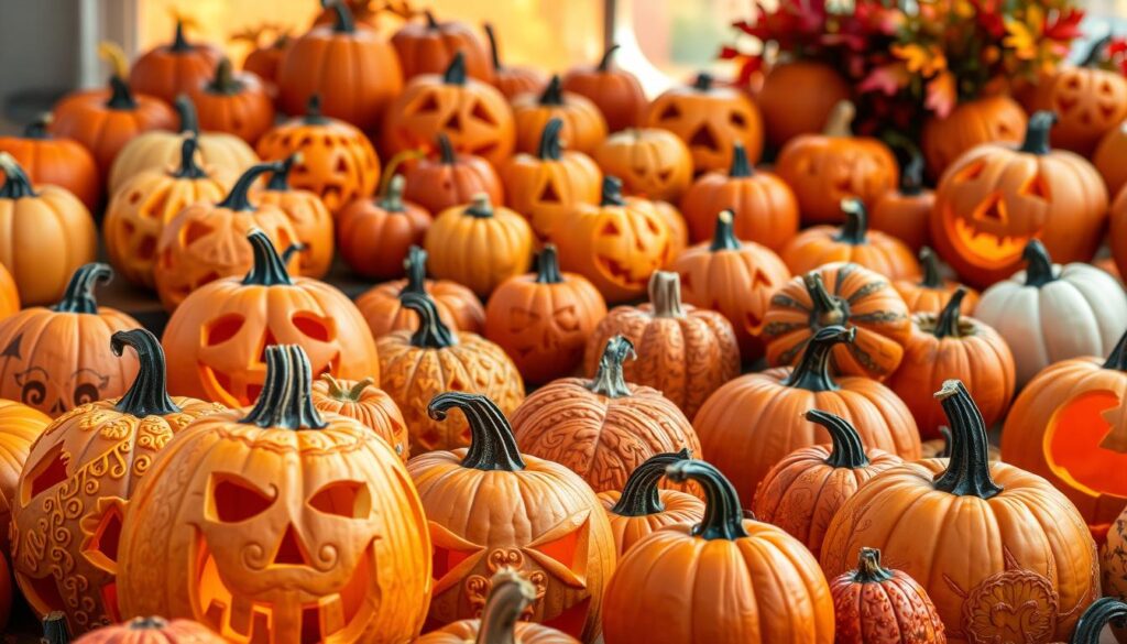 A vibrant arrangement of whimsical pumpkin designs, bursting with intricate carving patterns and festive embellishments. In the foreground, a collection of expertly carved jack-o'-lanterns in various shapes and sizes, each featuring intricate, eye-catching designs that capture the spirit of the season. The middle ground showcases a range of pumpkins with dimensional carvings, delicate floral motifs, and playful geometric shapes, creating a visually captivating display. The background is filled with a warm, autumnal atmosphere, with a soft, diffused lighting that casts a gentle glow over the pumpkins, highlighting their textures and vibrant colors. The overall scene exudes a sense of creativity, charm, and a touch of whimsy, perfectly capturing the essence of trendy pumpkin designs that will elevate any porch or outdoor space.
