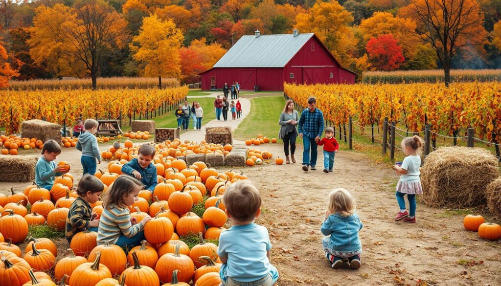A vibrant autumn scene filled with classic pumpkin patch activities. In the foreground, a group of children excitedly explore a selection of colorful pumpkins, some carving Jack-o'-lanterns while others pose for photos. In the middle ground, families stroll along a winding path, taking in the sights and smells of the season - hay bales, corn stalks, and a crackling bonfire. In the background, a rustic red barn stands tall, surrounded by rows of orchards bursting with ripe apples and a canopy of autumnal foliage in warm hues of orange, red, and yellow. Soft, diffused lighting casts a cozy glow over the entire scene, creating an inviting and nostalgic atmosphere. A vibrant autumn scene filled with classic pumpkin patch activities. In the foreground, a group of children excitedly explore a selection of colorful pumpkins, some carving Jack-o'-lanterns while others pose for photos. In the middle ground, families stroll along a winding path, taking in the sights and smells of the season - hay bales, corn stalks, and a crackling bonfire. In the background, a rustic red barn stands tall, surrounded by rows of orchards bursting with ripe apples and a canopy of autumnal foliage in warm hues of orange, red, and yellow. Soft, diffused lighting casts a cozy glow over the entire scene, creating an inviting and nostalgic atmosphere.