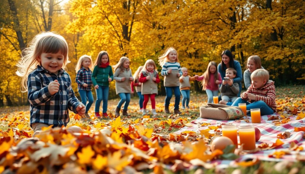 A vibrant autumn scene of budget-friendly fall activities for kids. In the foreground, children enthusiastically gather leaves, their faces lit by the warm glow of the afternoon sun. In the middle ground, a group of kids participate in a sack race, their laughter echoing through the crisp air. In the background, a picnic blanket is spread out, with homemade snacks and cider being shared among families. The scene is framed by a backdrop of vibrant fall foliage, the golden hues of the changing leaves casting a cozy, inviting atmosphere. The overall composition conveys a sense of joy, togetherness, and the simple pleasures of an affordable, family-oriented autumn day.