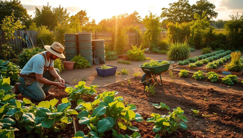 A vibrant garden in the late summer sun, lush greens and vibrant colors giving way to a tidy, organized landscape. In the foreground, a person in gardening attire kneels, carefully pulling up spent summer crops, their movements deliberate and focused. The middle ground showcases neatly stacked compost bins, tools carefully arranged, and a wheelbarrow overflowing with vegetation. In the background, a well-tended, orderly garden bed awaits new plantings, the soil raked and ready. Soft, warm lighting filters through wispy clouds, casting a golden glow over the entire scene and evoking a sense of productive tranquility.
