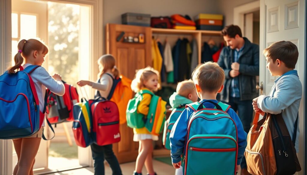 A vibrant, sun-drenched morning scene of a family's back-to-school routine. In the foreground, a mother helps her young children, dressed in crisp new uniforms, pack their colorful backpacks and lunchboxes. The middle ground shows the children eagerly waiting by the front door, while the father checks his watch, ready to drive them to school. In the background, a neatly organized mudroom displays their newly purchased school supplies and jackets. The lighting is warm and natural, casting a cozy glow on the organized chaos of the morning routine. A sense of anticipation and excitement fills the air as the family prepares for the start of the new school year.