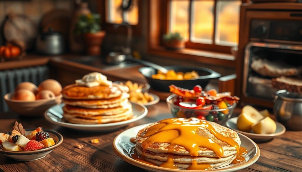 A warm, cozy autumn kitchen filled with a variety of tempting breakfast dishes. In the foreground, a wooden table showcases a stack of fluffy pancakes drizzled with golden maple syrup, accompanied by a plate of crisp, sizzling bacon. Nearby, a bowl of fresh fruit salad composed of apples, pears, and cinnamon-dusted berries. In the middle ground, a rustic cast-iron skillet simmers with savory scrambled eggs, while a toaster oven emits the aroma of lightly-toasted whole grain bread. The background features a charming window overlooking a picturesque autumn landscape, with sunlight streaming in and casting a soft, inviting glow throughout the scene. The overall mood is one of comforting, homemade fall goodness, perfect for a cozy morning with family.