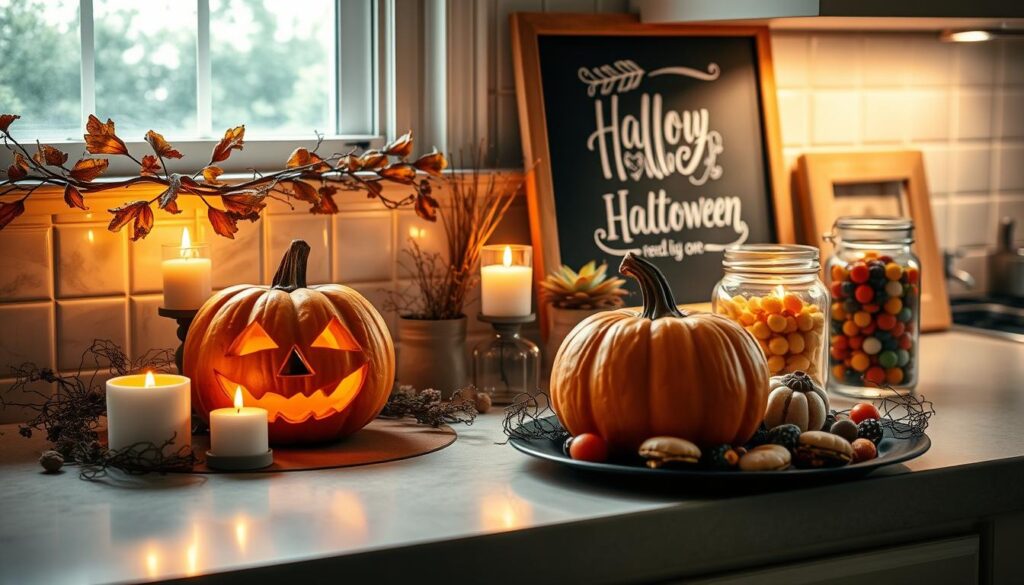 A well-lit, cozy kitchen counter with an array of DIY Halloween decor items artfully arranged. In the foreground, a carved pumpkin, festive Halloween-themed candles, and a tray of homemade spooky treats. In the middle ground, a garland of dried leaves and twigs, a few small potted plants, and a vintage glass jar filled with colorful candy. The background features a chalkboard sign with a simple, stylized Halloween message. The lighting is warm and inviting, with a touch of autumnal ambiance. The overall composition has a rustic, homemade feel, perfect for a millennial mom's quick Halloween transformation.