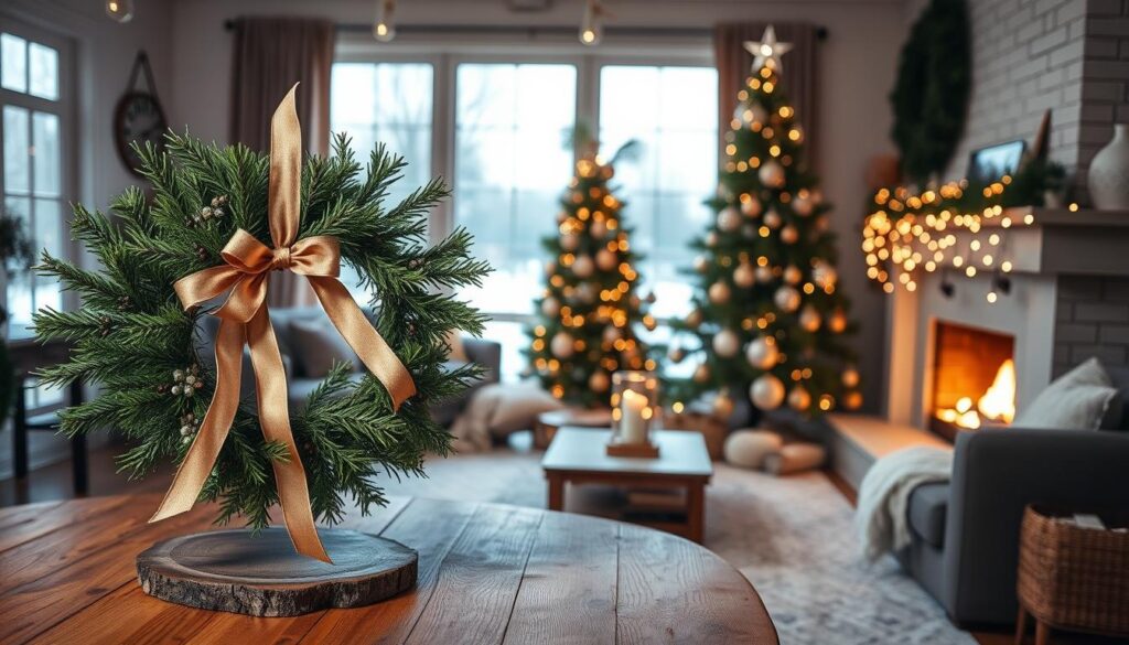 A well-lit, cozy living room filled with festive DIY holiday projects. In the foreground, a rustic wooden table displays a handcrafted wreath of evergreen branches, ribbons, and metallic accents. In the middle ground, a group of stylish holiday ornaments in muted tones and geometric patterns hang from a minimalist Christmas tree. Soft, warm lighting from a fireplace and string lights creates a inviting ambiance, while large windows in the background offer a glimpse of a snowy winter landscape. The overall scene conveys a sense of chic, modern holiday charm.
