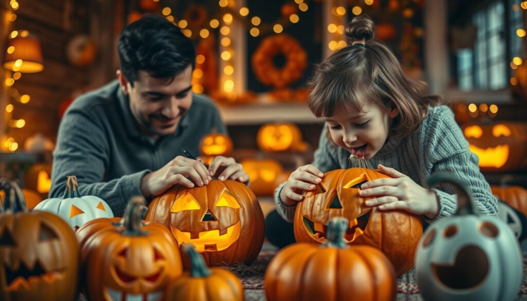 A whimsical scene of a family carving pumpkins together. In the foreground, a young child carefully etching a cute jack-o'-lantern face, their tongue peeking out in concentration. Beside them, a parent guiding their hands, sharing the experience. In the middle ground, an array of colorful pumpkins of various sizes, some already carved into friendly monsters, ghosts, and other Halloween motifs. The background features a cozy, well-lit autumn setting - perhaps a warm-lit living room or inviting porch, with seasonal decor like fairy lights and garlands adding to the festive atmosphere. The lighting is soft and diffused, creating a gentle, nostalgic mood perfect for this family-friendly activity.
