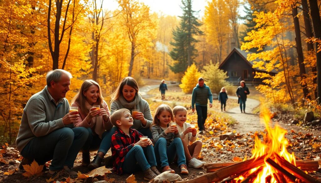 An autumn family outing in a lush, golden forest. In the foreground, a group of parents and children gather around a crackling campfire, roasting marshmallows and sipping hot cider. Their warm, cozy expressions convey the joy of shared moments. In the middle ground, a family hikes along a winding path, taking in the vibrant foliage. Sunlight filters through the canopy, casting a soft, amber glow. In the background, a rustic cabin nestles among the trees, its chimney billowing with smoke. The overall scene evokes a sense of seasonal tranquility and the simple pleasures of outdoor family time.