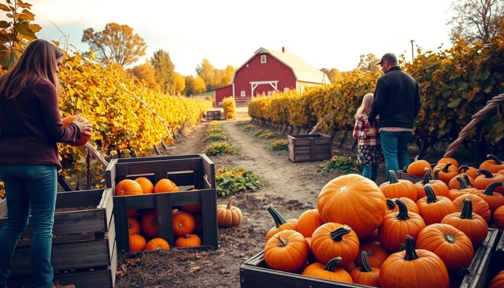 Autumn afternoon at a picturesque pumpkin patch. A family selects the perfect pumpkin - a vibrant orange globe, freshly plucked from the vine, nestled amongst a sea of gourds. In the foreground, rustic wooden crates overflow with various sizes and shapes, beckoning visitors to browse. In the middle ground, a winding path leads through rows of flourishing vines, their leaves a tapestry of warm hues. In the background, a red barn stands tall, its weathered facade reflecting the cozy, pastoral ambiance. Soft, diffused natural lighting filters through wispy clouds, casting a golden glow across the scene. A sense of tradition and wholesome delight permeates the air, inviting one to slow down and savor the joys of the autumn harvest. Autumn afternoon at a picturesque pumpkin patch. A family selects the perfect pumpkin - a vibrant orange globe, freshly plucked from the vine, nestled amongst a sea of gourds. In the foreground, rustic wooden crates overflow with various sizes and shapes, beckoning visitors to browse. In the middle ground, a winding path leads through rows of flourishing vines, their leaves a tapestry of warm hues. In the background, a red barn stands tall, its weathered facade reflecting the cozy, pastoral ambiance. Soft, diffused natural lighting filters through wispy clouds, casting a golden glow across the scene. A sense of tradition and wholesome delight permeates the air, inviting one to slow down and savor the joys of the autumn harvest.