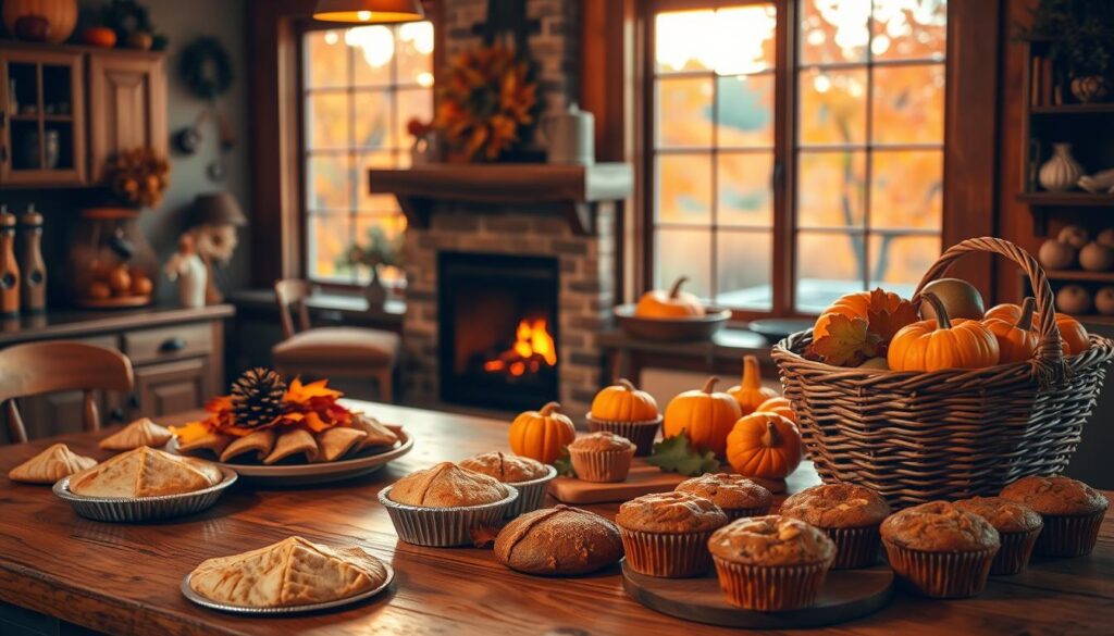 Cozy autumn kitchen, warm lighting casting a golden glow. A wooden table in the foreground, covered in an array of baked goods - flaky pie crusts, glistening apple turnovers, and fragrant pumpkin spice muffins. Seasonal decor accents the scene - a centerpiece of autumn leaves, pinecones, and a woven basket overflowing with fresh produce. In the background, a crackling fireplace and a large window overlooking a picturesque autumn landscape, trees ablaze with vibrant oranges and reds. The atmosphere is one of wholesome family togetherness, the perfect scene for harvest-inspired recipes and quality time in the kitchen.