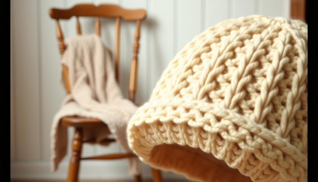 Cozy crochet winter hat in warm ivory tones, textured with intricate stitches. The hat is positioned in the foreground, softly lit from the side to accentuate the stitch patterns. In the middle ground, a vintage wooden chair with a knit blanket draped over the back sets a cozy, homespun atmosphere. The background features a minimal, white-washed wall, allowing the hat and chair to be the focal points. The overall mood is one of simple, rustic charm - a handmade creation perfect for cuddling up on a cold winter day.