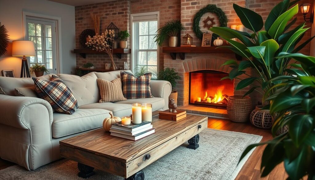 Cozy fall home decor featuring an inviting living room with a plush, oversized beige sofa adorned with plaid and knit throw pillows. A neutral-toned area rug grounds the space, complemented by a rustic wooden coffee table topped with a stack of books and a warm candle. In the background, a brick fireplace with a mantle adorned with dried floral arrangements casts a soft, golden glow. Lush greenery in the form of potted plants and a large, leafy plant in the corner add natural touches. Warm, ambient lighting from table lamps and sconces creates a cozy, hygge-inspired atmosphere. Cozy fall home decor featuring an inviting living room with a plush, oversized beige sofa adorned with plaid and knit throw pillows. A neutral-toned area rug grounds the space, complemented by a rustic wooden coffee table topped with a stack of books and a warm candle. In the background, a brick fireplace with a mantle adorned with dried floral arrangements casts a soft, golden glow. Lush greenery in the form of potted plants and a large, leafy plant in the corner add natural touches. Warm, ambient lighting from table lamps and sconces creates a cozy, hygge-inspired atmosphere.