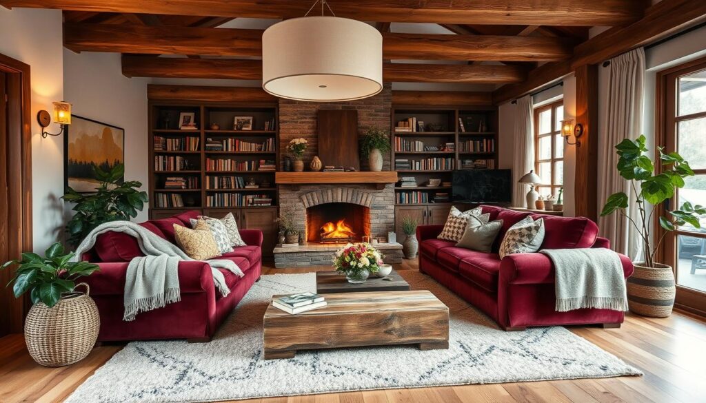 Cozy living room in a warm, autumnal palette. Plush, oversized velvet sofa in a rich burgundy hue, accented with soft wool throws and an array of textured pillows. A crackling fireplace casts a gentle glow, surrounded by bookshelves filled with well-worn tomes. Natural wood tones, from the rustic coffee table to the exposed ceiling beams, lend an organic, grounding element. Lush potted plants and fresh-cut flowers add pops of greenery. Diffused lighting from sconces and a large, pendant chandelier creates a serene, hygge-inspired ambiance. Hardwood floors layered with a plush, hand-knotted area rug. Overall, a cozy, inviting space that evokes a sense of comfort and contentment. Cozy living room in a warm, autumnal palette. Plush, oversized velvet sofa in a rich burgundy hue, accented with soft wool throws and an array of textured pillows. A crackling fireplace casts a gentle glow, surrounded by bookshelves filled with well-worn tomes. Natural wood tones, from the rustic coffee table to the exposed ceiling beams, lend an organic, grounding element. Lush potted plants and fresh-cut flowers add pops of greenery. Diffused lighting from sconces and a large, pendant chandelier creates a serene, hygge-inspired ambiance. Hardwood floors layered with a plush, hand-knotted area rug. Overall, a cozy, inviting space that evokes a sense of comfort and contentment.