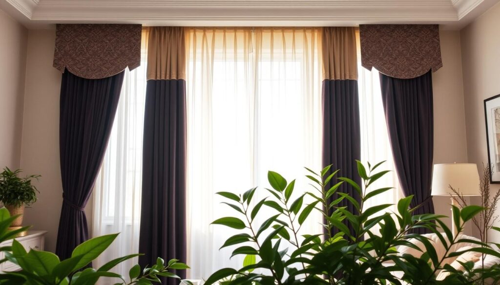 Cozy, modern curtain designs in a light-filled living room. A floor-to-ceiling sheer curtain in a soft, billowing fabric frames a picture window, casting a warm glow. Elegant velvet drapes in a rich jewel tone accent the sides, creating a sense of enveloping comfort. Intricately patterned valances add visual interest above. Lush, verdant plants in the foreground and a minimalist, Scandinavian-inspired decor complete the serene, inviting atmosphere.