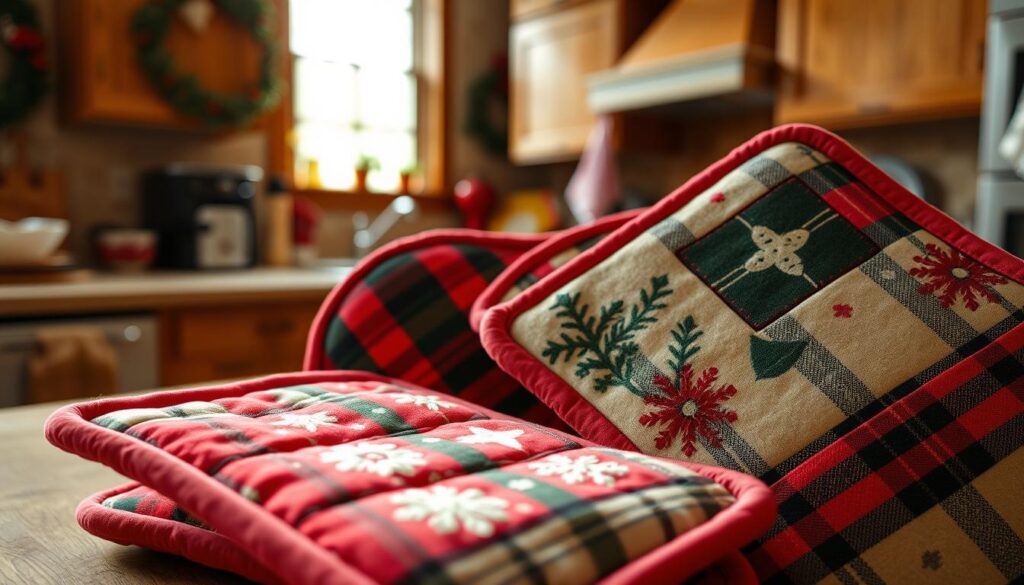 Detailed quilted potholders in a cozy, warm kitchen setting. Soft, plush fabric in festive holiday patterns like plaid, tartan, and snowflakes. Intricate stitching and quilting textures create visual depth. Potholders are layered in the foreground, with a wooden kitchen counter and cabinets in the middle ground. Soft, natural lighting from a window casts a gentle glow, creating a homey, inviting atmosphere. Slight camera angle from above to showcase the detailed handcrafted quality of the potholders. Overall, a cheerful, DIY-inspired scene perfect for a holiday kitchen or craft guide.
