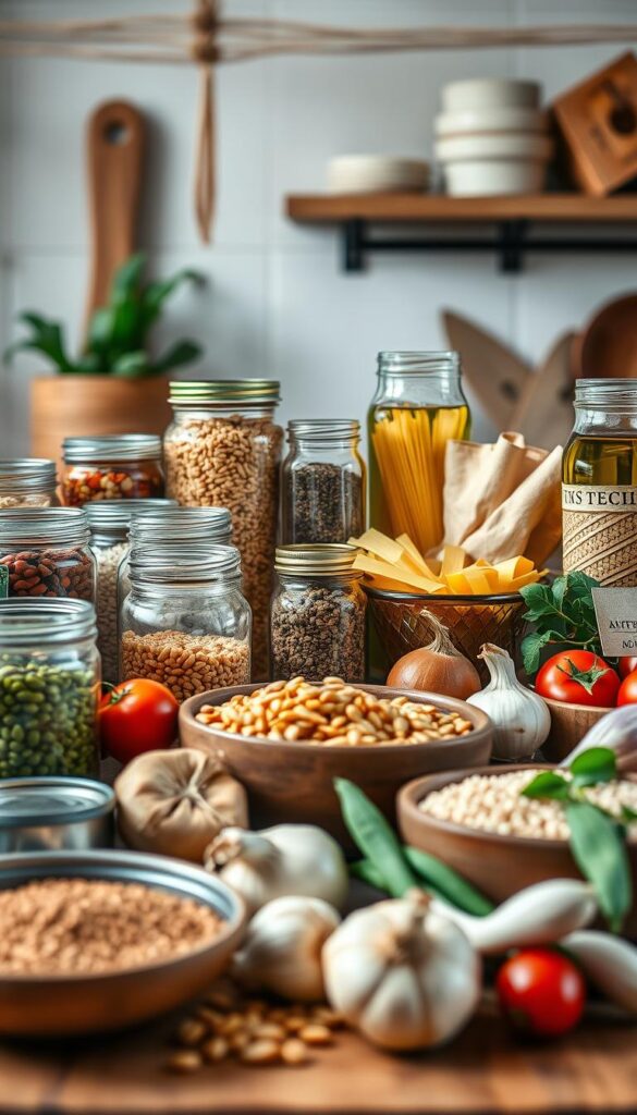 Pantry staples arranged in a warm, rustic still life. Foreground features an assortment of essential ingredients - canned beans, rice, pasta, olive oil, spices, and whole grains in glass jars and wooden bowls. Middle ground showcases fresh produce like onions, garlic, and tomatoes. Background hints at a cozy kitchen setting with simple, natural textures like exposed wood and linen. Soft, directional lighting casts gentle shadows, evoking a homey, inviting atmosphere. High-resolution, photorealistic, 50mm lens, shallow depth of field.