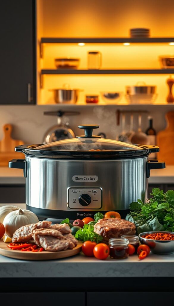 Steaming hot slow cooker recipes, simmering away on a modern kitchen counter. An array of fresh ingredients - tender meats, aromatic vegetables, and savory spices - arranged neatly around the appliance. Warm, golden lighting illuminates the scene, casting a cozy glow. The slow cooker's sleek, brushed metal exterior reflects the clean, efficient design of the kitchen. In the background, minimalist shelves hold an assortment of essential cooking tools, a testament to the room's functionality. The overall atmosphere is one of effortless culinary prowess and time-saving convenience.