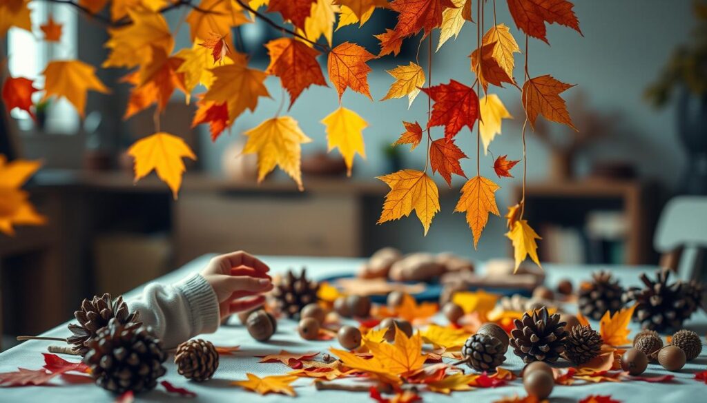 Vibrant autumn leaves crafted into whimsical creations, a tableau of playful exploration for young hands. Delicate paper leaves drift across the scene, catching the warm glow of soft, diffused lighting. In the foreground, a child's small fingers carefully shape vibrant foliage into a stunning mobile, their face alight with concentration. In the middle ground, a table overflows with an array of natural materials - pinecones, twigs, acorns - ready to be transformed. The background evokes a cozy, inviting atmosphere, hinting at the family bonding to come. Crisp, autumnal hues permeate the image, capturing the spirit of seasonal crafting and cherished memories.