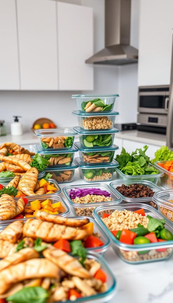 Vibrant, well-lit kitchen counter with a variety of freshly prepared, visually appealing meal prep containers. In the foreground, an assortment of colorful, nutritious ingredients like roasted vegetables, grilled chicken, quinoa, and leafy greens arranged in a visually striking manner. In the middle ground, neatly stacked meal prep containers showcasing the different dishes. The background features clean, minimalist kitchen cabinets and appliances, creating a modern, uncluttered atmosphere. The overall scene conveys a sense of organization, efficiency, and a focus on healthy, easy-to-prepare meals. Vibrant, well-lit kitchen counter with a variety of freshly prepared, visually appealing meal prep containers. In the foreground, an assortment of colorful, nutritious ingredients like roasted vegetables, grilled chicken, quinoa, and leafy greens arranged in a visually striking manner. In the middle ground, neatly stacked meal prep containers showcasing the different dishes. The background features clean, minimalist kitchen cabinets and appliances, creating a modern, uncluttered atmosphere. The overall scene conveys a sense of organization, efficiency, and a focus on healthy, easy-to-prepare meals.
